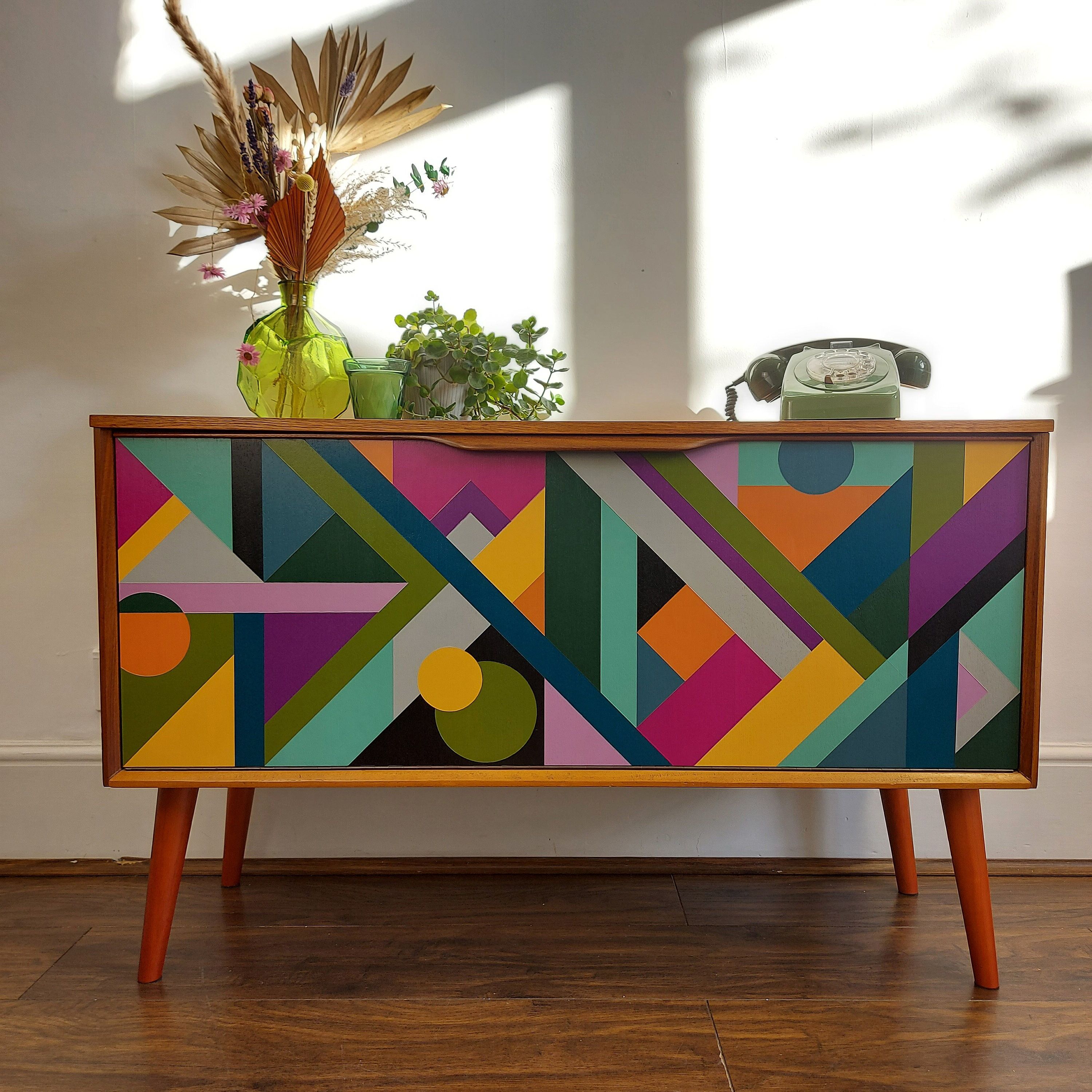 Recent Sold Geometric Sideboard Hand Painted Credenza Up Cycled – Etsy Intended For Geometric Sideboards (View 9 of 10)