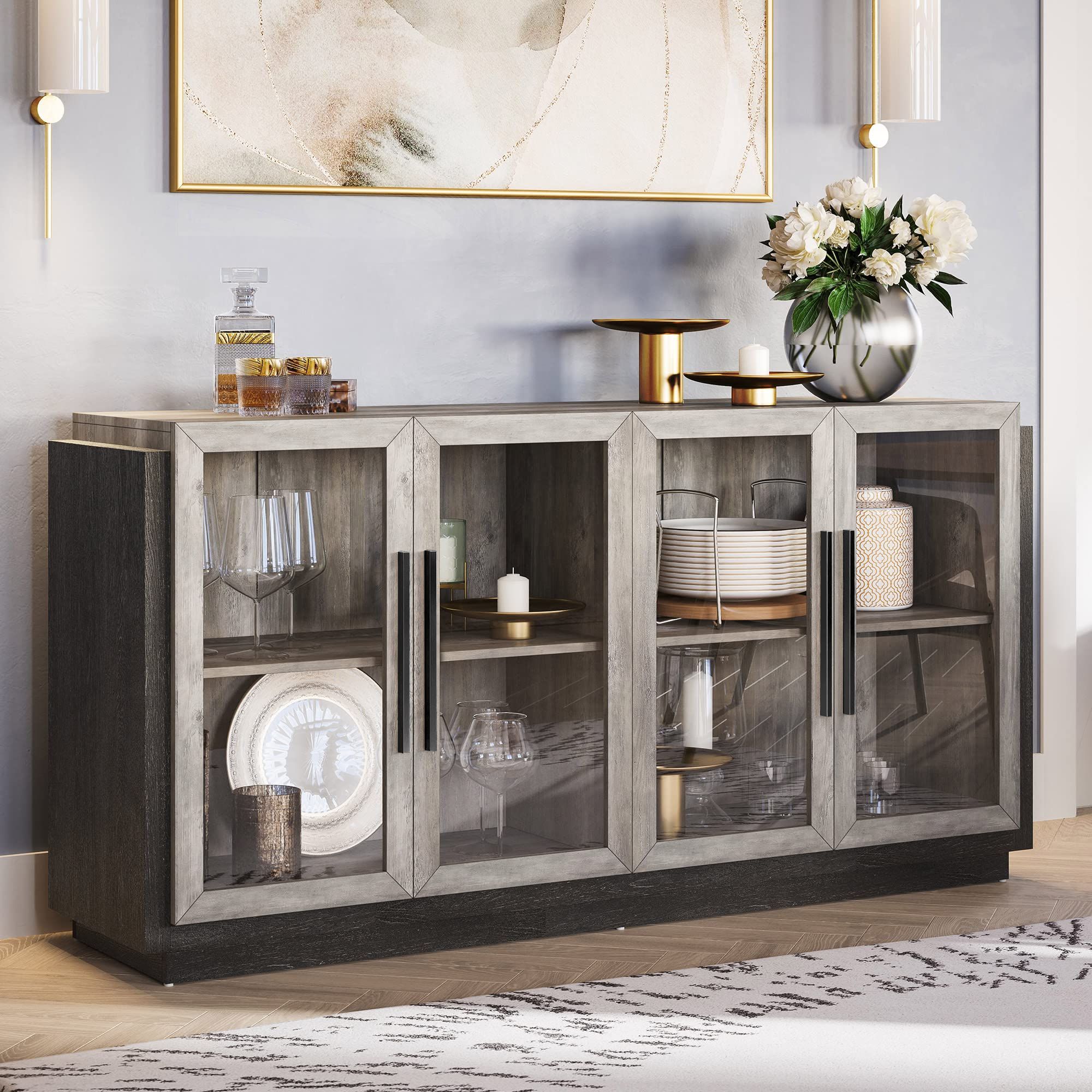 Sideboard Buffet Cabinets Throughout Favorite Amazon: Belleze Sideboard Buffet Cabinet, Modern Wood Glass  Buffet Sideboard With Storage, Console Table For Kitchen, Dining Room,  Living Room, Hallway, Or Entrance – Brixston (grey) : Home & Kitchen (Photo 2 of 10)