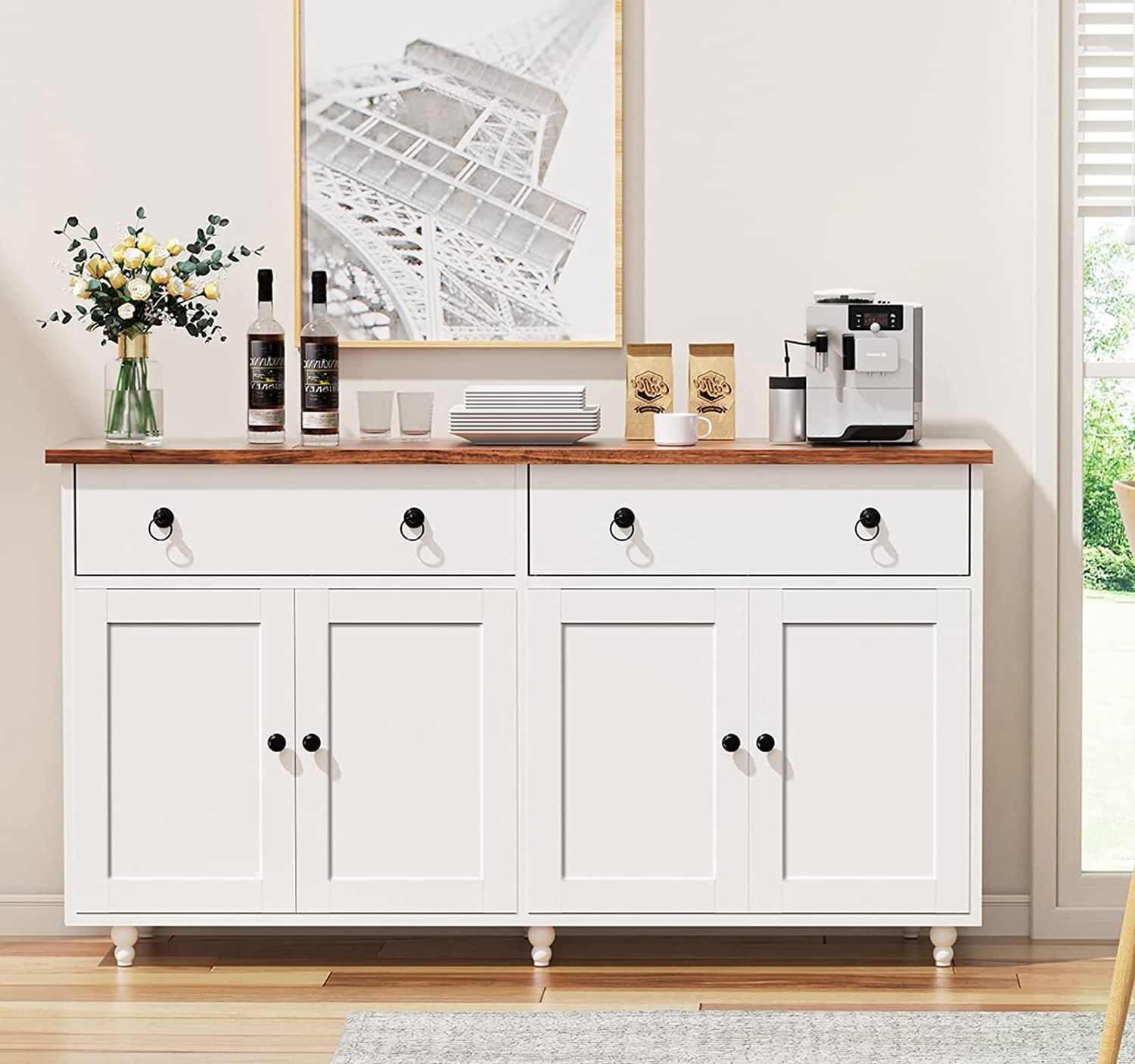 Sideboard Buffet Cabinets With Regard To Trendy White Kitchen Storage Cabinet Sideboard Buffet, Mid Century Buffet Cabinet  Cupboard With 2 Drawers & 4 Doors For Dining Room, Wooden Storage Cabinet,  White – Walmart (Photo 5 of 10)