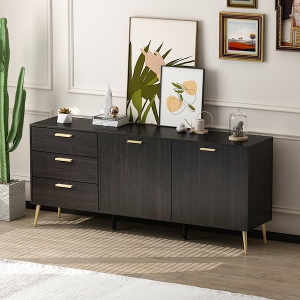 Sideboard Storage Cabinet With 3 Drawers & 3 Doors Inside Most Current Fufu&gaga 69 In. Black Wood 2 Door And 3 Drawers Storage Accent Cabinet  With Metal Leg Storage Cupboard, Tv Stand Buffet Sideboard Tcht Kf200106 –  The Home Depot (Photo 9 of 10)