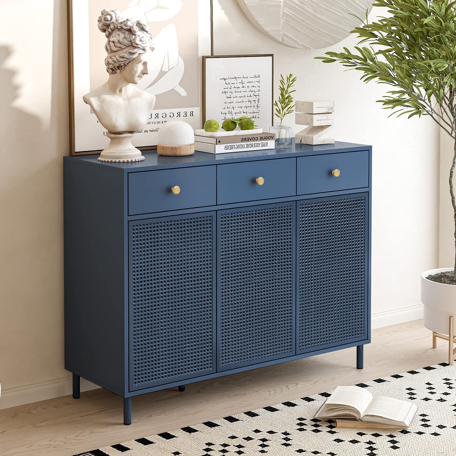 Sideboard Storage Cabinet With 3 Drawers & 3 Doors With 2018 Amazon: Levnary Sideboard Buffet Cabinet, Storage Cabinet With 3 Drawers  And 3 Doors, Accent Console Table With Adjustable Shelves, Media  Entertainment Center For Kitchen Living Room Entryway (blue) : Home &  Kitchen (View 6 of 10)
