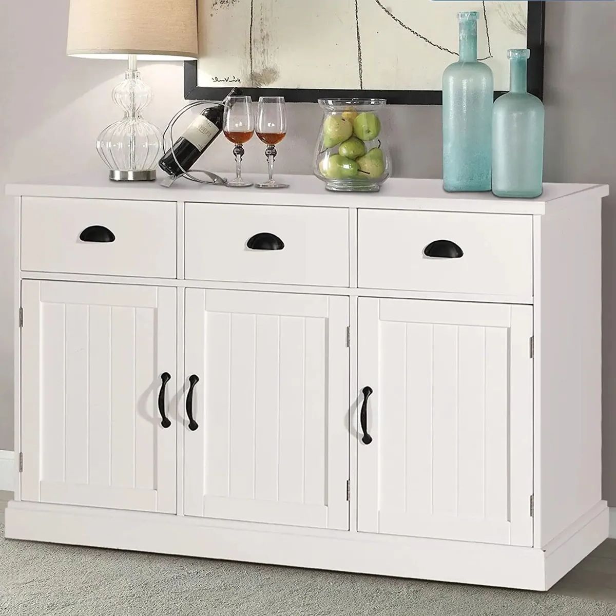 Sideboard Storage Cabinet With 3 Drawers & 3 Doors With Favorite Sideboard Buffet Storage Cabinet W/3 Door 3 Drawers Farmhouse Coffee Bar  Cabinet (View 7 of 10)