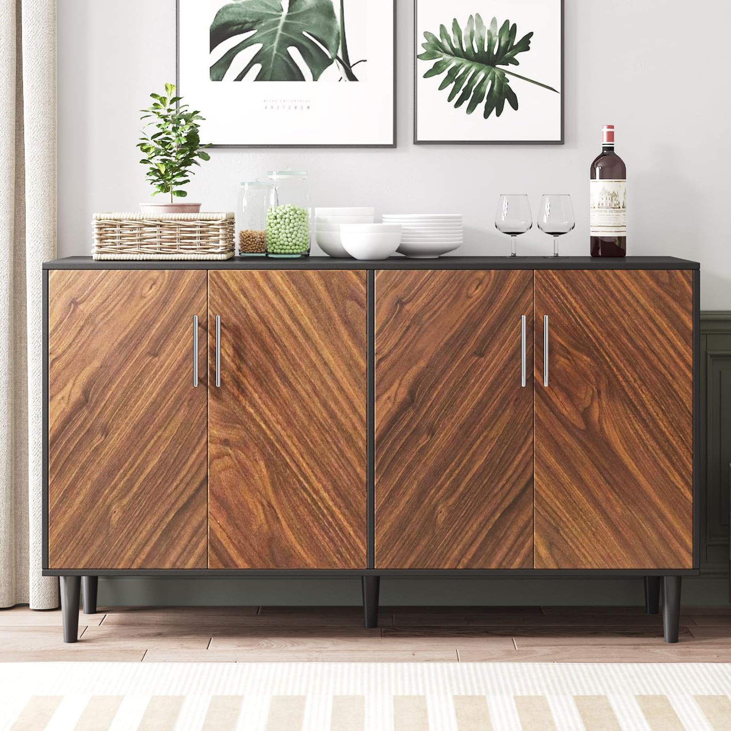 Sideboards Bookmatch Buffet Inside Most Recent Amazon – Black Sideboard Buffet Cabinet, 58'' Buffet Cabinet With  Storage, Black Sideboards And Buffets With Doors, Mid Century Sideboard  With Doors, Modern Credenzas With Adjustable Shelf For Living Room – Dining (Photo 7 of 10)