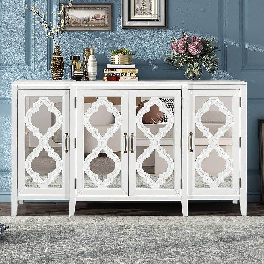 Sideboards Cupboard Console Table With Regard To Popular Amazon: 60'' Retro Mirrored Console Table Sideboard With 4 Cabinets And  3 Adjustable Shelves, Large Storage Cabinet Free Stand Kitchen Buffet  Server Cabinet For Entryway/living Room/dining Room(white) : Home & Kitchen (Photo 4 of 10)
