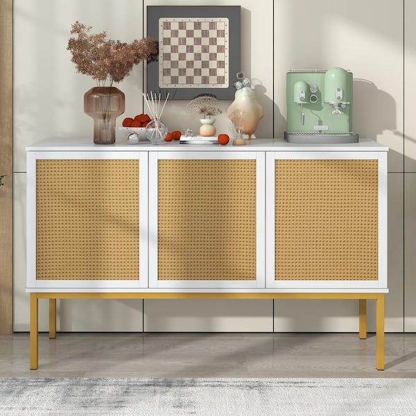 Sideboards With Adjustable Shelves Inside Widely Used Harper & Bright Designs White Mdf 53.9 In. Sideboard With Adjustable Shelves  And 3 Rattan Doors Xw080aak – The Home Depot (Photo 4 of 10)