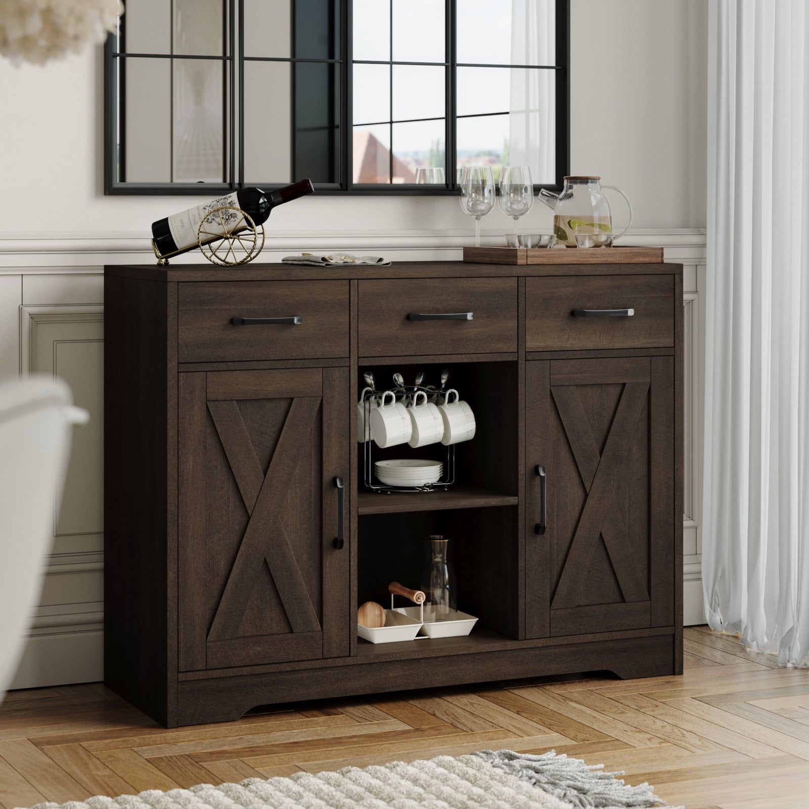Sideboards With Adjustable Shelves Pertaining To Latest Homfa 41.7''kitchen Buffet With Doors, Wood Sideboard Farmhouse Storage  Cabinet With Drawers & 2 Adjustable Shelves For Kitchen Dining Room, Dark  Brown – Walmart (Photo 10 of 10)