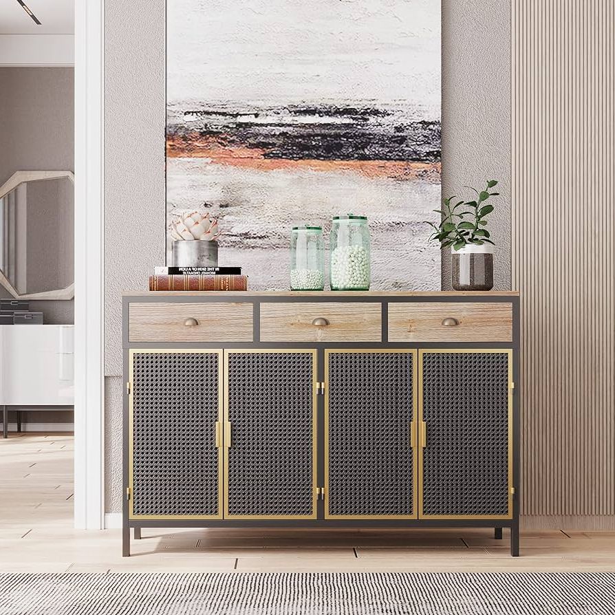Sideboards With Breathable Mesh Doors With Newest Amazon: Lamerge Modern Sideboard,47.64" Wide Freestanding Storage  Cabinet With 2 Doors And 3 Top Drawers,carbonized Bamboo,breathable,for  Living Room Office Bedroom, Dark Grey (lms 47) : Home & Kitchen (Photo 6 of 10)