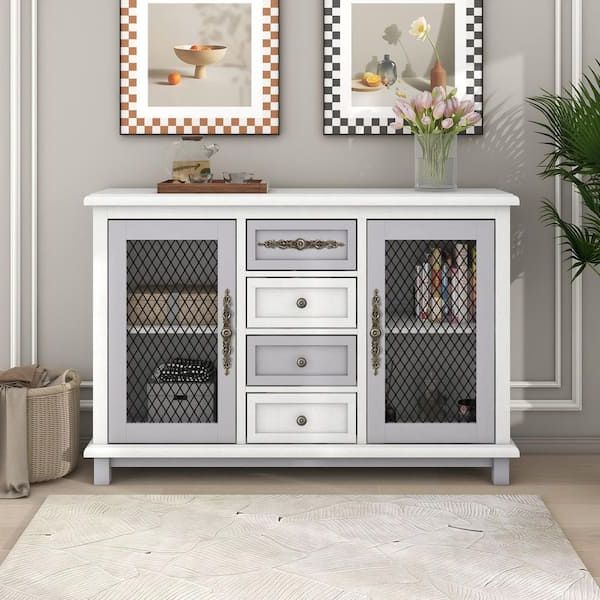 Sideboards With Breathable Mesh Doors With Regard To Most Current Harper & Bright Designs Retro Style White Sideboard With 4 Drawers And 2  Iron Mesh Doors Xw046aaa – The Home Depot (View 5 of 10)