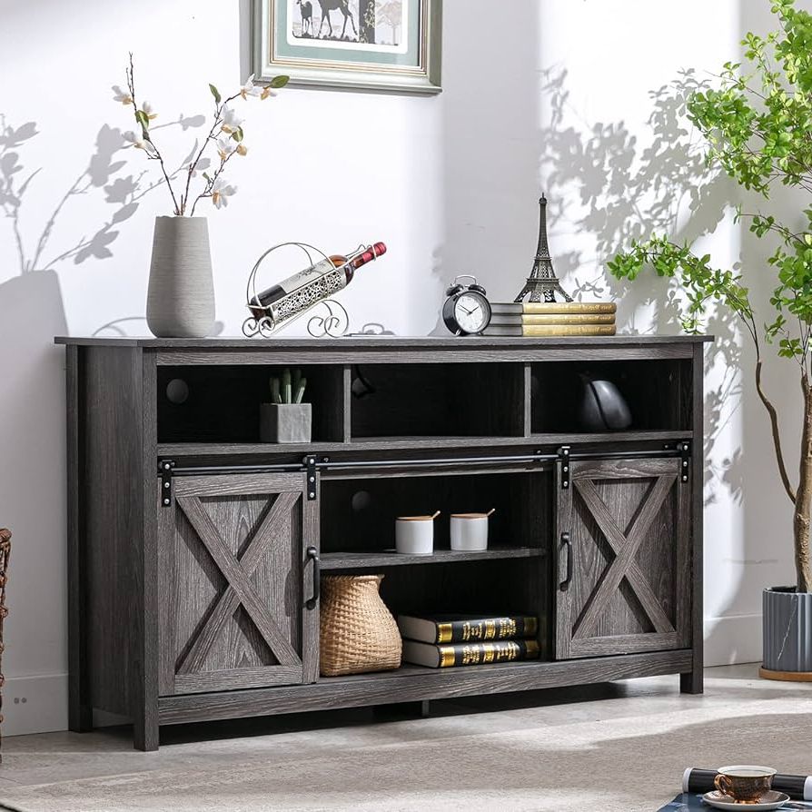 Sideboards With Power Outlet With Regard To Most Recent Amazon – Farmhouse Coffee Bar Cabinet, Rustic Sliding Barn Door Storage  Cabinet With Power Outlet, Buffet Server Sideboard Cupboard Table For  Dining Room Entryway Kitchen (wash Grey) – Buffets & Sideboards (View 2 of 10)