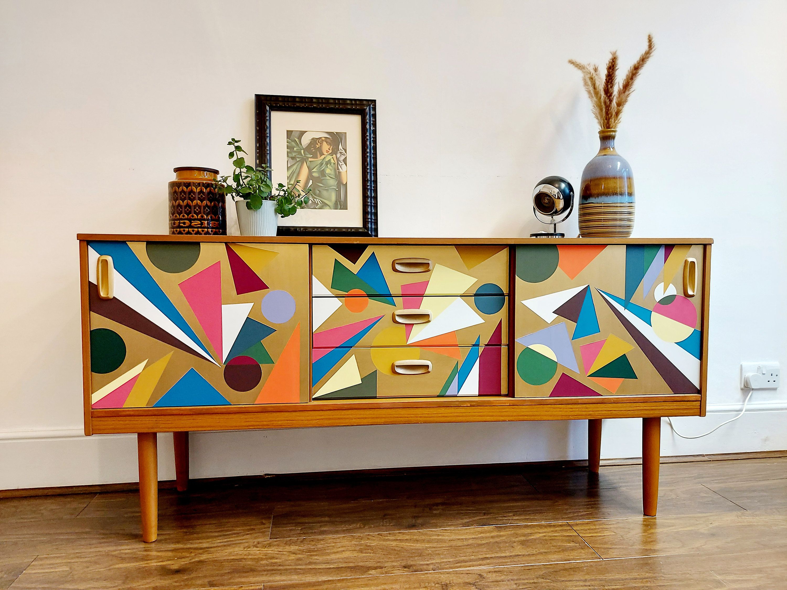 Sold Geometric Cabinet Painted Sideboard Credenza Up Cycled – Etsy Throughout Popular Geometric Sideboards (View 10 of 10)