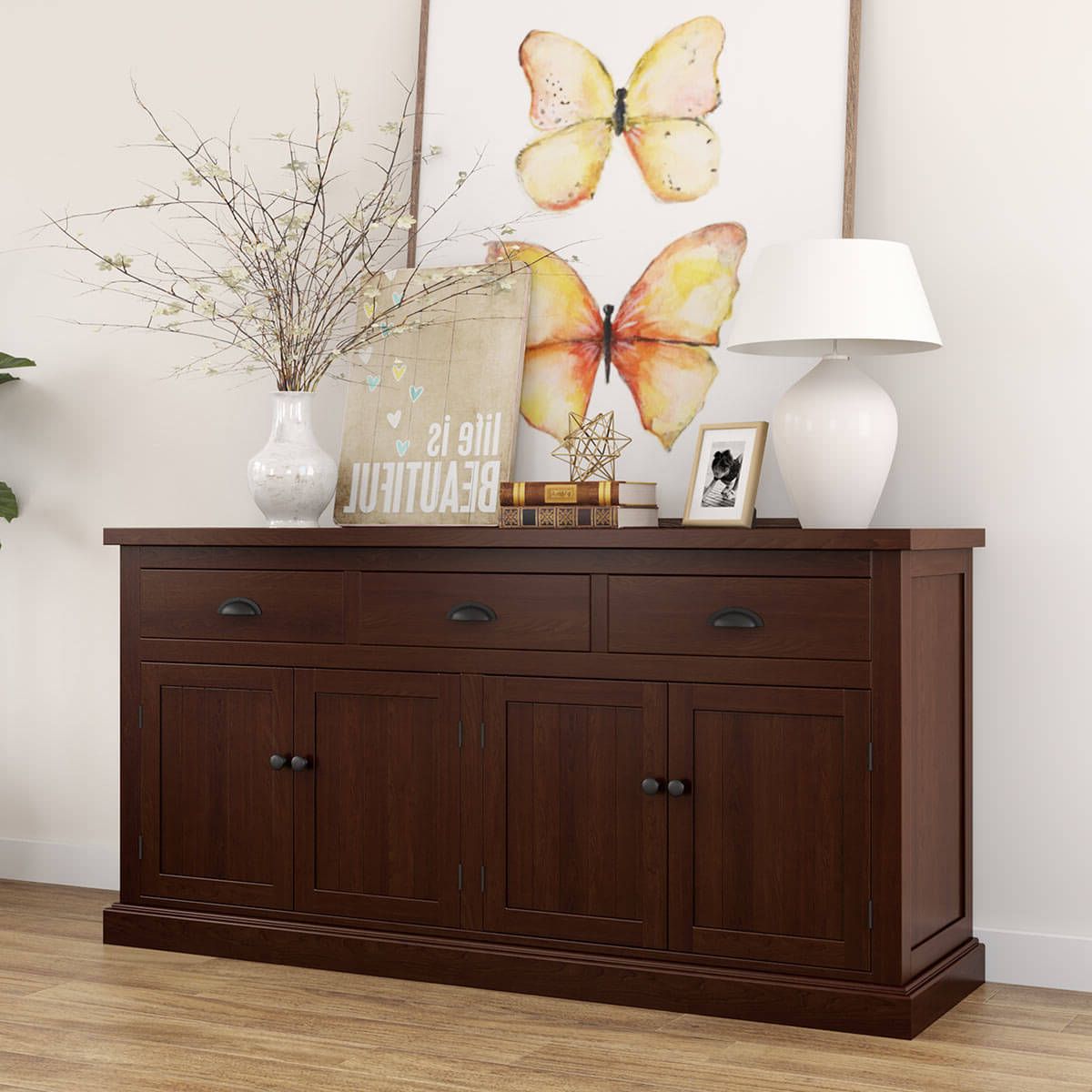 Tannersville Solid Mahogany Wood 3 Drawer Large Sideboard Cabinet Within Latest 3 Drawer Sideboards (Photo 10 of 10)