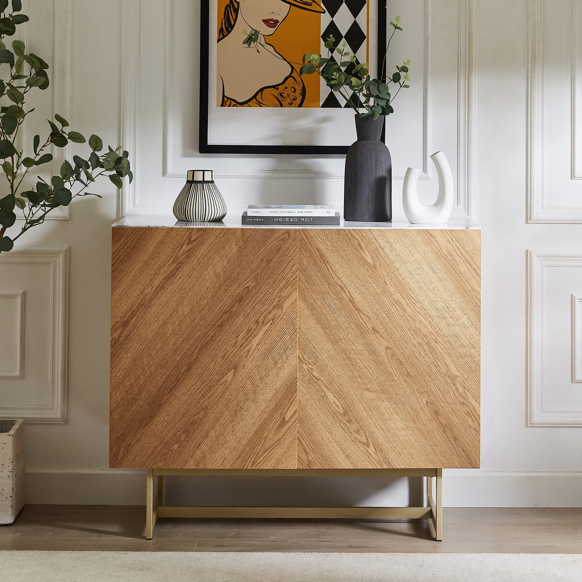Transitional Oak Sideboards Inside Famous Amazon: Roomfitters 39" Modern Sideboard Buffet Cabinet, Herringbone  Pattern Mid Century Credenza With Doors, Media Console With Storage, Wine  Cabinet For Kitchen, Living Room, Entryway, Oak, Gold Metal Legs : Office  Products (Photo 4 of 10)