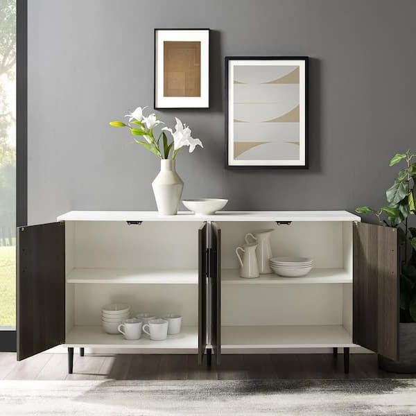 Trendy Sideboards Bookmatch Buffet Within Walker Edison Furniture Company Hampton 58 In. Ash Brown Bookmatch And  Solid White Buffet Stand Hd8821 – The Home Depot (Photo 9 of 10)
