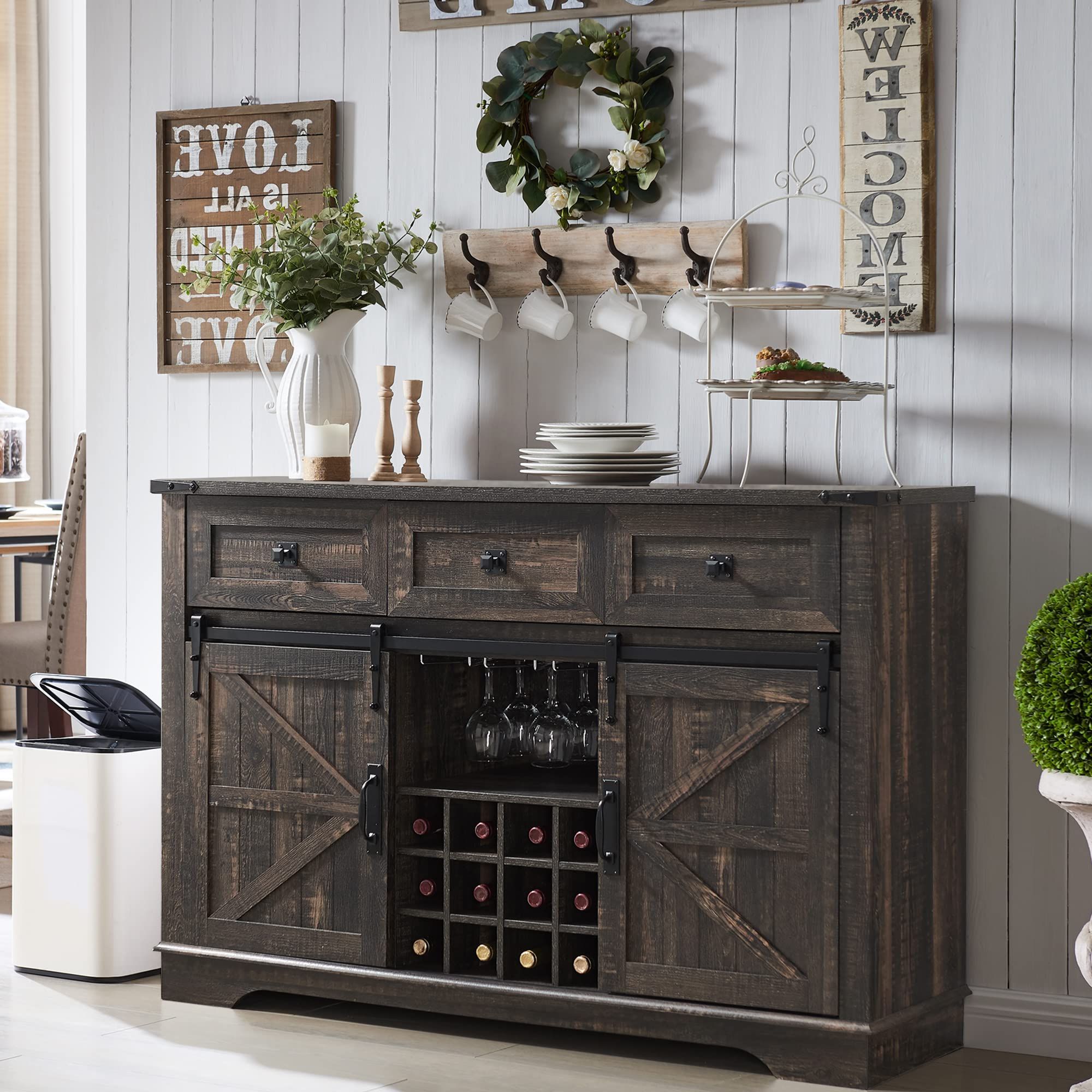 Trendy Sideboards Double Barn Door Buffet For Amazon: Okd Farmhouse Buffet Cabinet With Storage, 54" Sideboard With 3  Drawers, Sliding Barn Door, Wine And Glass Rack, Storage Shelves, Liquor  Coffee Bar Cupboard For Kitchen, Dining Room, Dark Rustic Oak : (Photo 2 of 10)