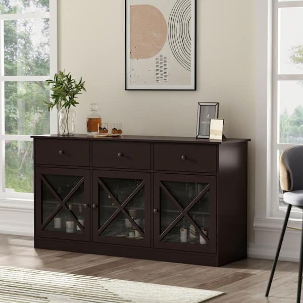 Trendy Sideboards With 3 Drawers In Fufu&gaga 62 In. Dark Brown Sideboard With 3 Drawer And 3 Doors White  Cabinets With Large Storage Spaces Kf260033 02 – The Home Depot (Photo 10 of 10)
