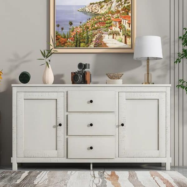 Urtr Antique White Retro Buffet Sideboard Storage Cabinet With 2 Cabinets  And 3 Drawers, Large Storage Spaces For Dining Room T 01233 K – The Home  Depot Pertaining To Favorite 3 Drawers Sideboards Storage Cabinet (Photo 5 of 10)