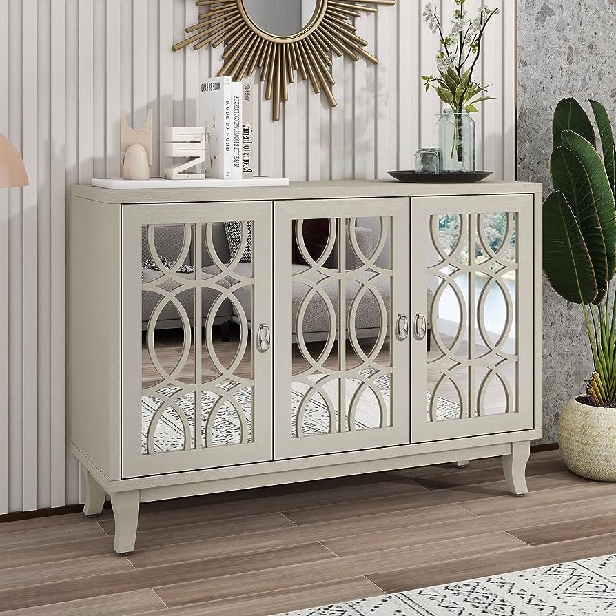 Well Known 3 Doors Sideboards Storage Cabinet Within Amazon: Wood Storage Cabinet, Sideboard With Glass Doors, 3 Door  Mirrored Buffet Cabinet With Silver Handle For Living Room, Hallway, Dining  Room, Easy Assembly (champagne Gold) : Home & Kitchen (Photo 8 of 10)