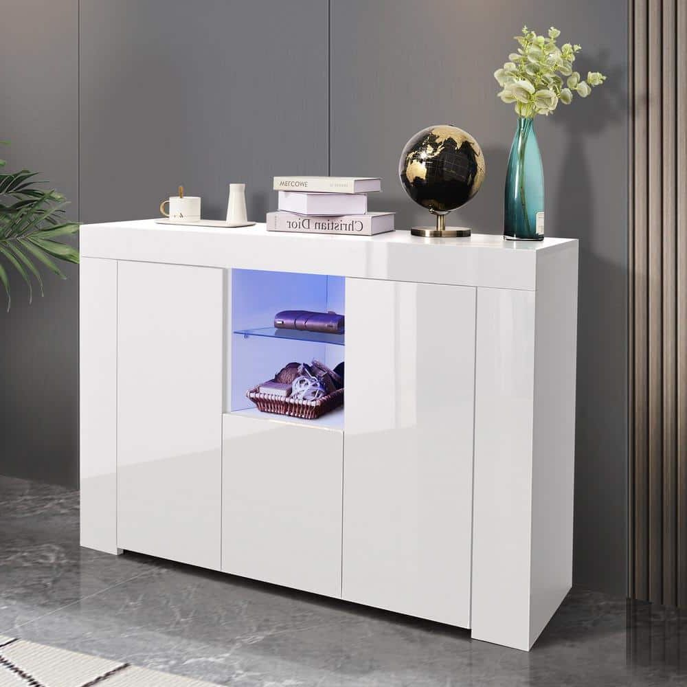 Well Known Godeer White Kitchen Sideboard Cupboard With Led Light And 2 Doors, High  Gloss Dining Room Buffet Storage Cabinet A775w44477 – The Home Depot In Sideboards With Led Light (View 10 of 10)