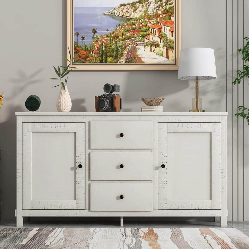 Wide Buffet Cabinets For Dining Room In Newest Urtr Antique White Retro Buffet Sideboard Storage Cabinet With 2 Cabinets  And 3 Drawers, Large Storage Spaces For Dining Room T 01233 K – The Home  Depot (Photo 10 of 10)
