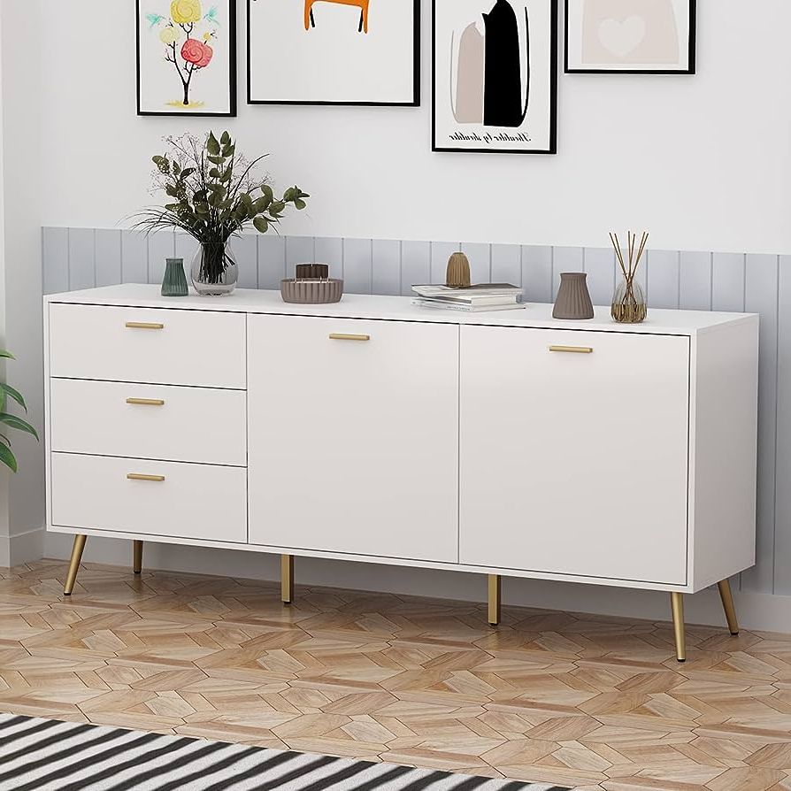 Widely Used Sideboard Storage Cabinet With 3 Drawers & 3 Doors Pertaining To Amazon – Homsee Sideboard Cabinet With 3 Drawers & 2 Doors, Modern  Kitchen Buffet Storage Console Cabinet With Metal Legs For Living Room,  Dining Room & Entryway, White (69”l X  (View 4 of 10)