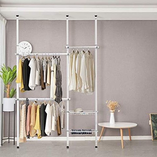 2 Tier Adjustable Wardrobes For Well Liked Double 2 Tier Adjustable Closet System, Floor To Ceiling Clothes Hanger  With 2 Storage Baskets & Inner Spring, Clothing Garment Rack Telescopic  Closet Organizer For Living Room, Bedroom – Walmart (Photo 4 of 10)
