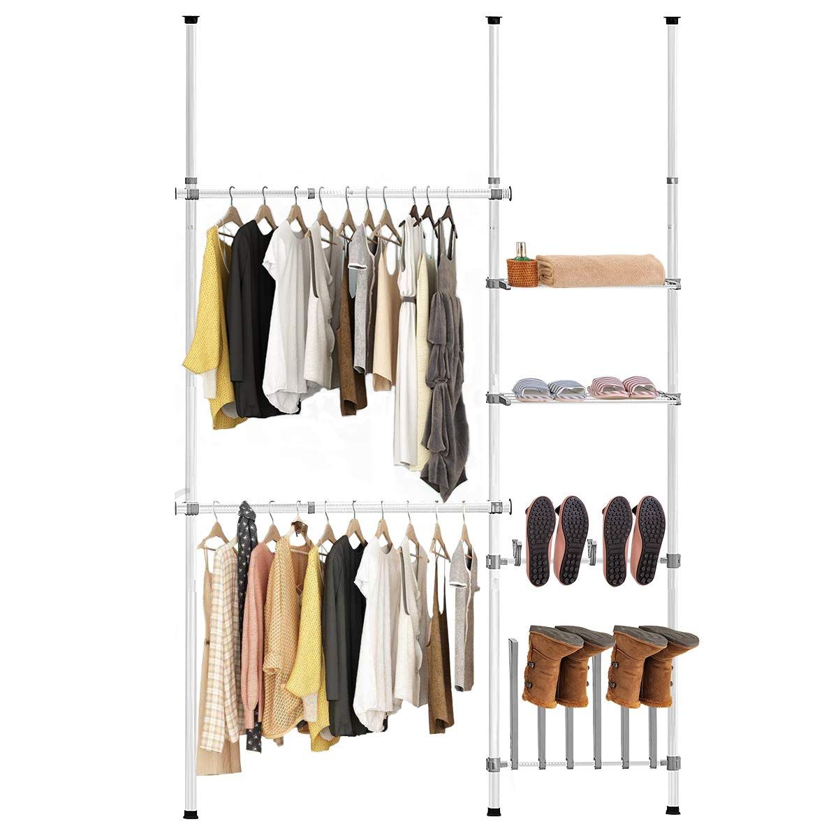 2 Tier Adjustable Wardrobes Inside Well Known Amazon: Tangkula 2 Tier Adjustable Closet System, Floor To Ceiling  Clothes Hanger With Storage Shelf & Shoes Hooks, Garment Rack Hanger Rod  Telescopic Clothes Organizer For Living Room, Bedroom : Home & (View 7 of 10)
