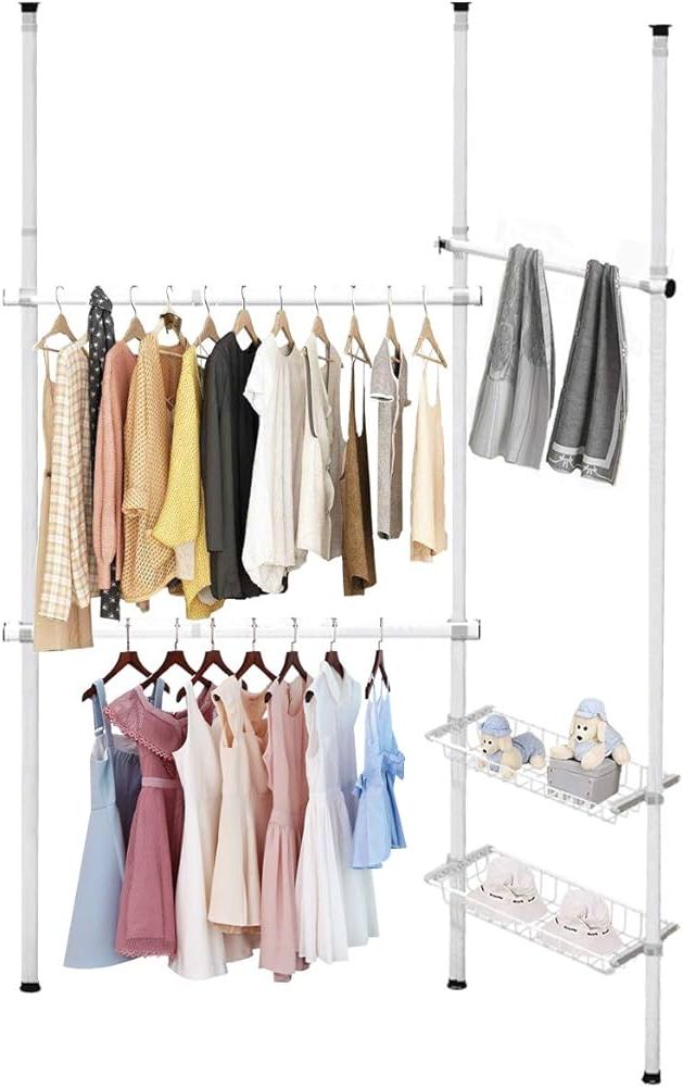 2 Tier Adjustable Wardrobes Throughout Newest Amazon: Tangkula Double 2 Tier Adjustable Closet System, Floor To  Ceiling Clothes Hanger With 2 Storage Baskets & Inner Spring, Clothing  Garment Rack Telescopic Closet Organizer For Living Room, Bedroom : Home (Photo 2 of 10)