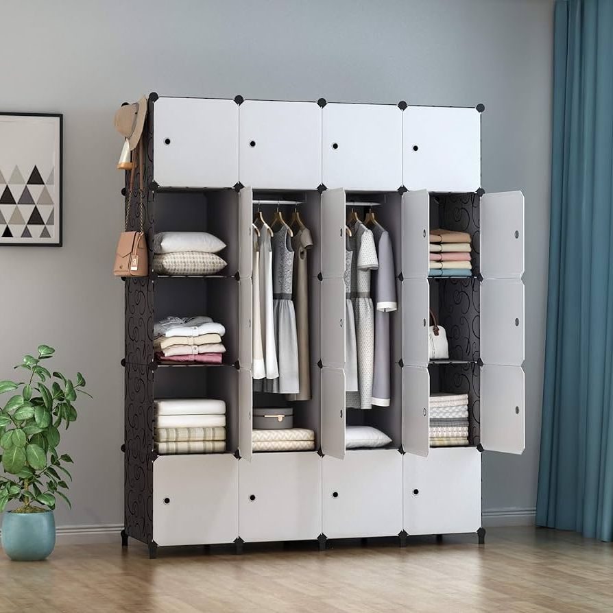 2017 Homidec Portable Wardrobe 20 Cube Closet With 3 Clothes Hanging Rails,  14"x18" Deeper Cube Combination Armoire Space Saving Modular Cabinet  Storage Organizer For Bedroom Clothes Shoes Toys : Amazon.co.uk: Home &  Kitchen In Wardrobes With Cube Compartments (Photo 3 of 10)
