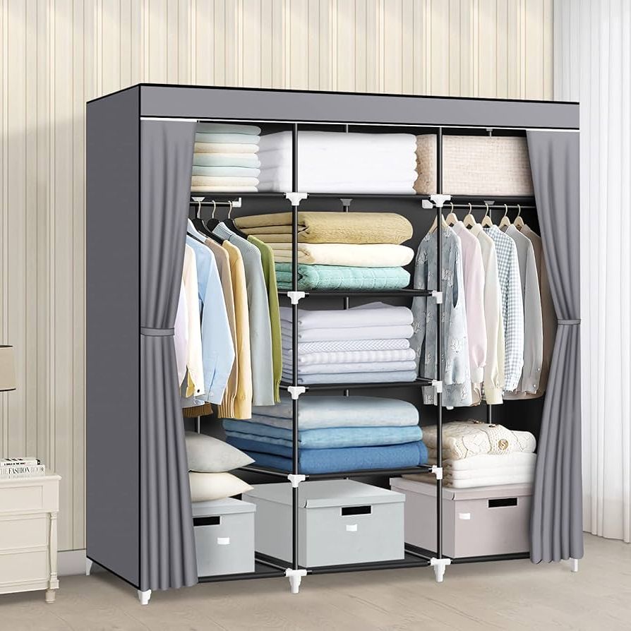 2017 Wardrobes With Shelf Portable Closet Regarding Amazon: Lokeme Portable Closet, 55.5 Inch Wardrobe Closet For Hanging  Clothes With 2 Hanging Rods, 9 Clothes Storage Organizer Shelves, Gray  Closet Extra Durable, Quick And Easy To Assemble : Home & Kitchen (Photo 4 of 10)