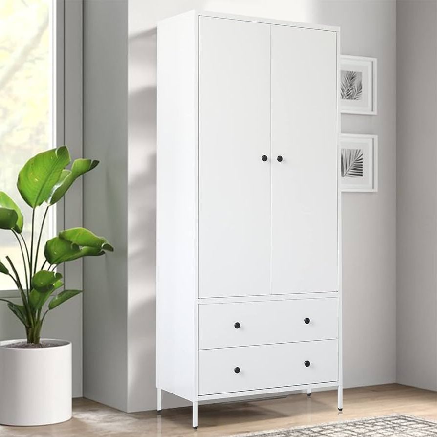 2017 Wardrobes With Two Drawers Regarding Amazon: Besfur Wardrobe Closet, Metal Armoires And Wardrobes With Two  Drawers, Adjustable Hanging Rod, 20" D*31.5" W*74" H – White : Home &  Kitchen (Photo 1 of 10)