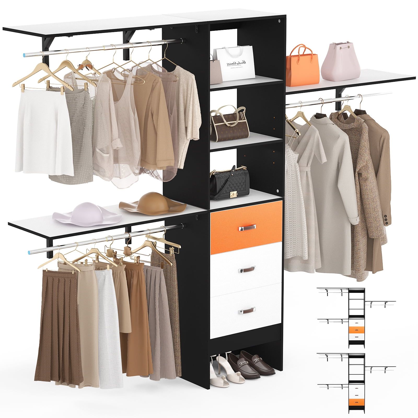 2018 3 Shelving Towers Wardrobes Regarding Homieasy 96 Inches Closet System, 8ft Walk In Closet Organizer With 3  Shelving Towers, Heavy Duty Clothes Rack With 3 Drawers, Built In Garment  Rack, 96" L X 16" W X 75" H, (Photo 1 of 10)