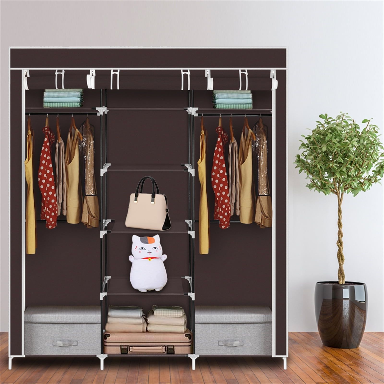 5 Tiers Wardrobes Intended For 2018 Hassch 5 Tiers Wardrobe Closet Portable Clothes Storage Organizer With  Double Hanging Rod For Bedroom, Dark Brown – Walmart (View 4 of 10)