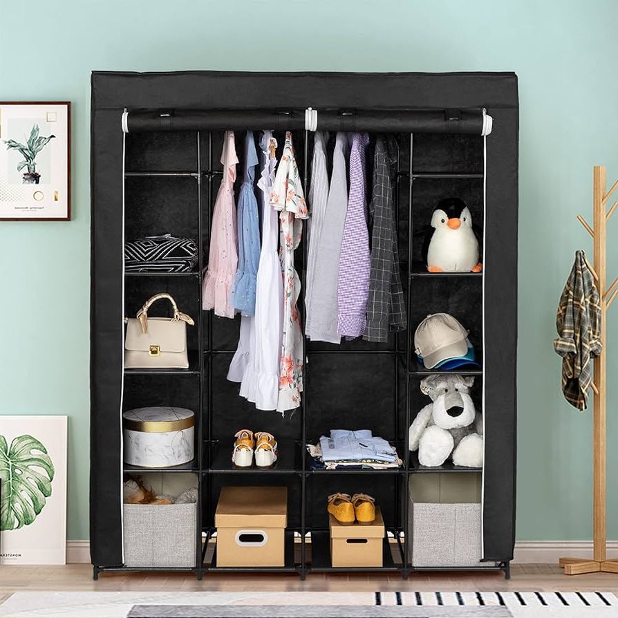 5 Tiers Wardrobes Intended For Best And Newest Amazon: Karl Home 5 Tiers Portable Closet, Non Woven Fabric Closet  Wardrobe, Storage Organizer With Shelves & Cover For Hanging Clothes, 56" L  X 18.5" W X 66" H, Black : Home & Kitchen (Photo 3 of 10)