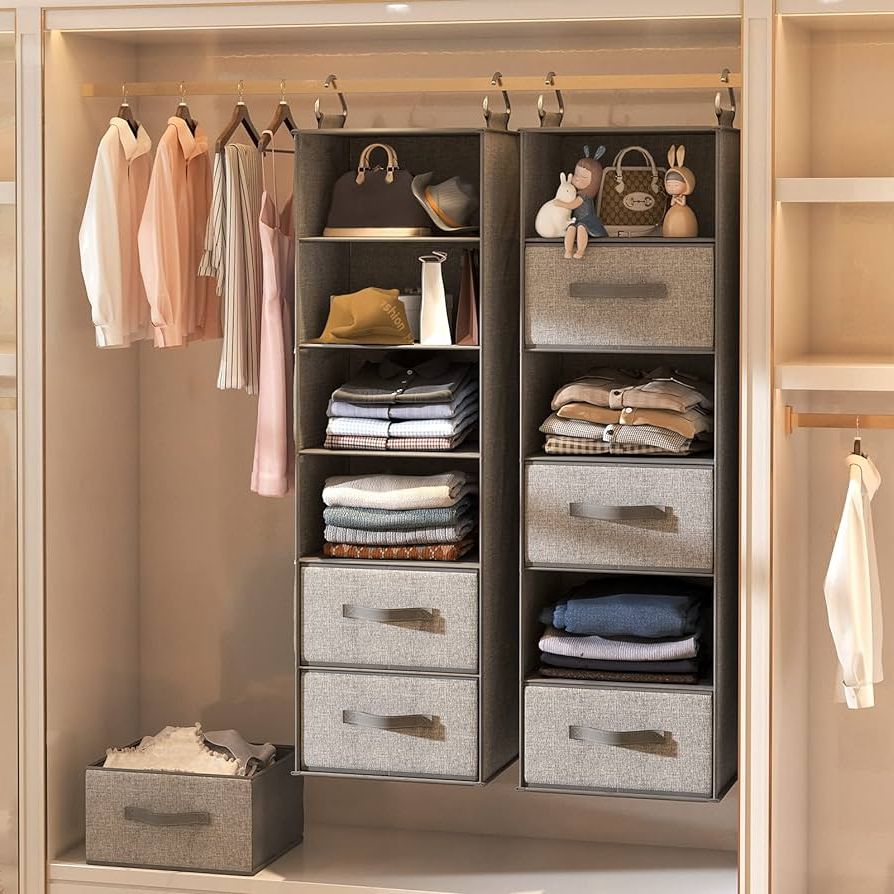 6 Shelf Wardrobes With Favorite Amazon: Moninxs Hanging Closet Organizer 6 Shelf, Hanging Shelves For  Closet With 3 Divisible Drawers & Side Pocket, Linen, 11.4''w X 12''d X  43.3''h, Grey : Home & Kitchen (Photo 1 of 10)