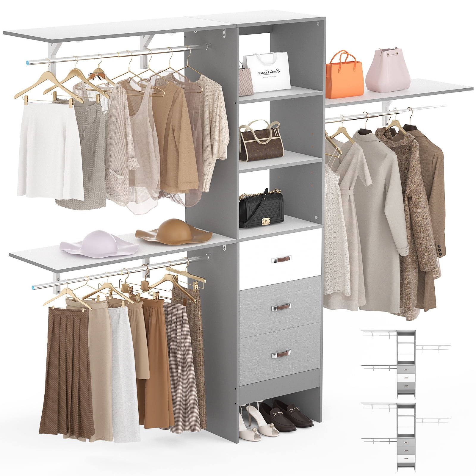 96 Inches Wardrobes With Favorite Homieasy 96 Inches Closet System, 8ft Walk In Closet Organizer With 3  Shelving Towers, Heavy Duty Clothes Rack With 3 Drawers, Built In Garment  Rack, 96" L X 16" W X 75" H, (View 4 of 10)