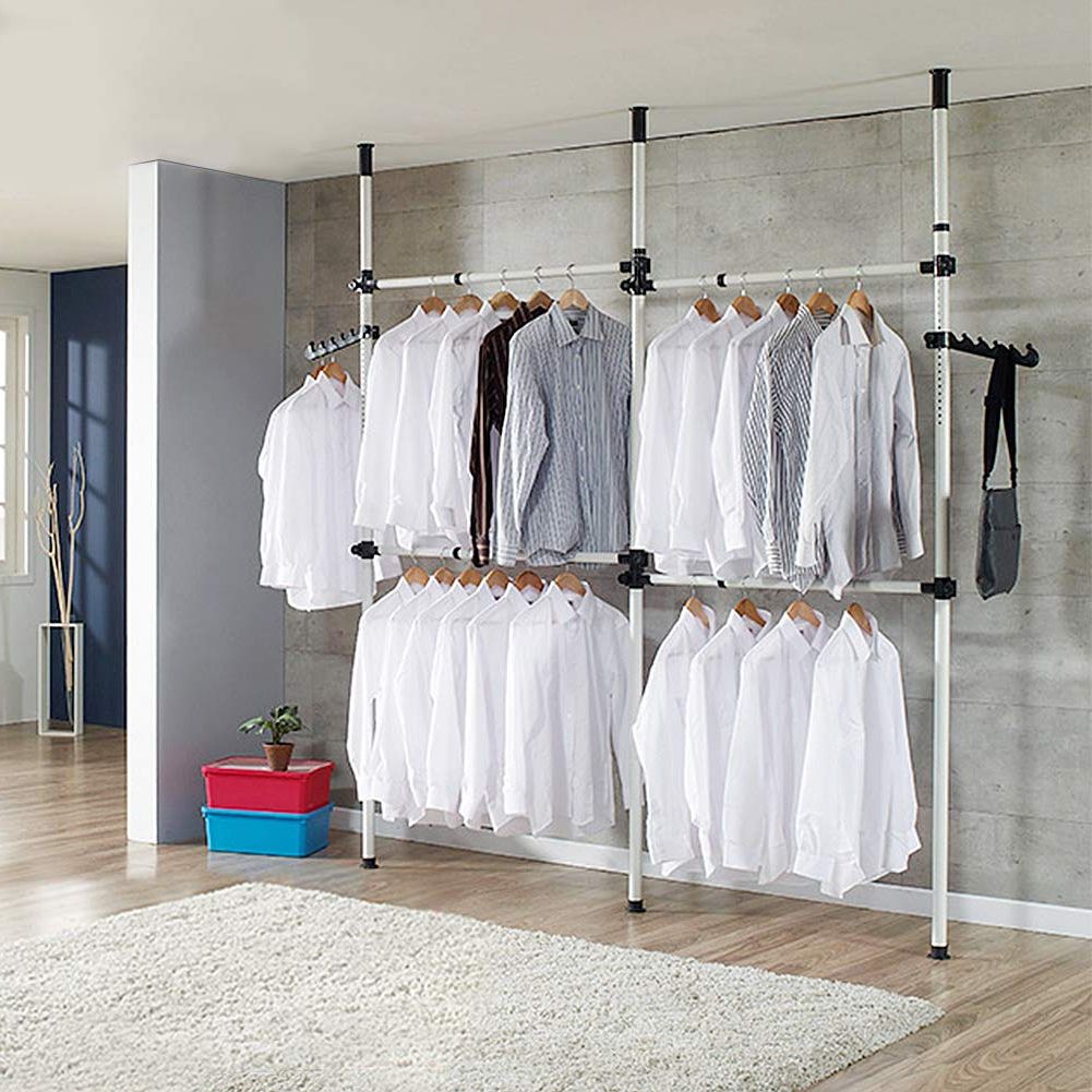 Amazon: Adjustable Clothing Rack, 2 Tier Double Rod Clothes Rack  Freestanding Garment Rack Telescopic Closet Hanger For Hanging Clothes,  Floor To Ceiling Rod For Home Bedroom Retail Clothes Organizer : Home & Within Current 2 Tier Adjustable Wardrobes (Photo 6 of 10)