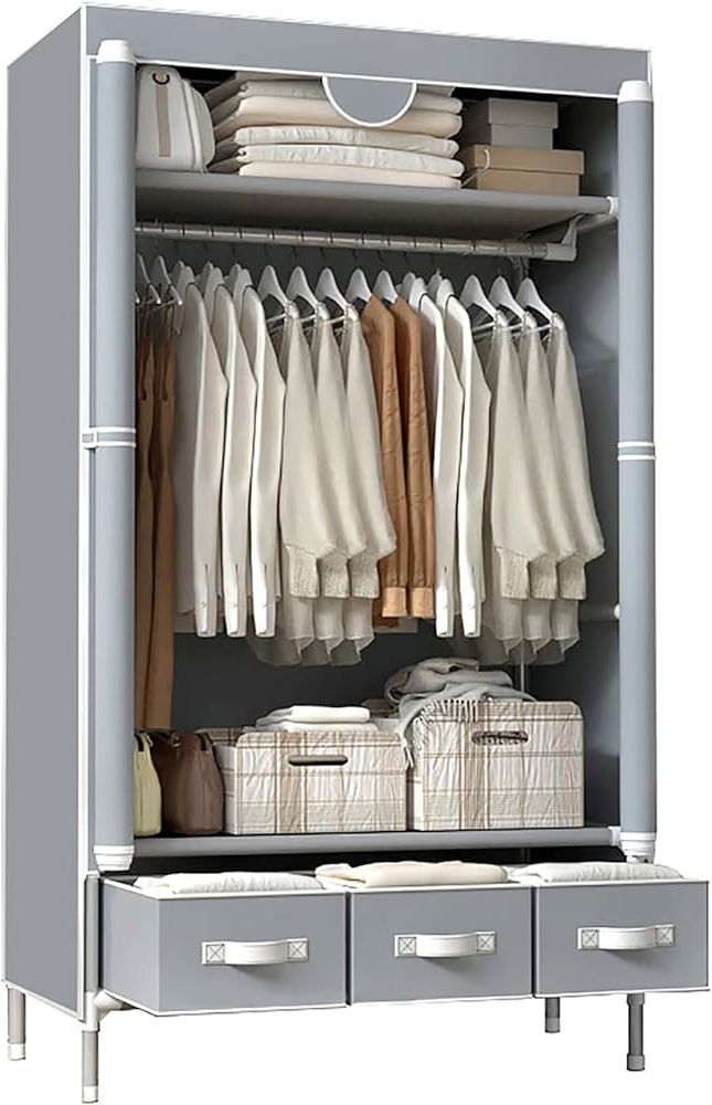 Amazon: Assica Portable Clothes Closet Rolling Door Wardrobe With  Hanging Rack Non Woven Fabric Storage Organizer With Three Drawer Boxes  No Tool Assembly – 35.4 X 17.7 X 67.0 '' (gray) : Home & Kitchen For 2017 Single Tier Zippered Wardrobes (Photo 8 of 10)