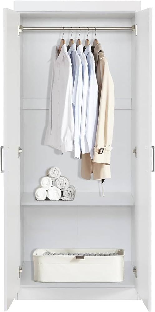 Amazon: Furniturer 2 Door Wardrobe, Wooden Armoire With Hanging Rod For  Bedroom 68.2 Inch Wardrobe Storage Cabinet, White : Home & Kitchen Throughout Well Known Wardrobes With Garment Rod (Photo 1 of 10)
