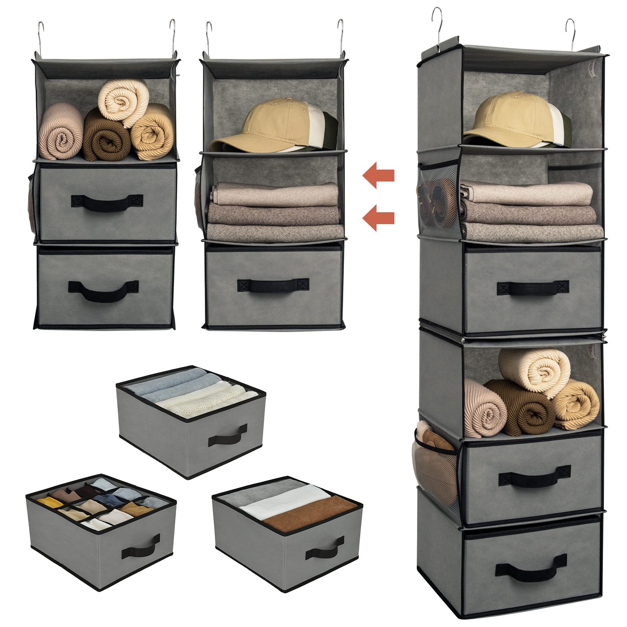 Amazon: Granny Says 6 Shelf Hanging Closet Organizer, Separable To 2  Pack 3 Shelf, Closet Organization And Storage With 3 Different Drawers, 4  Side Pockets Wardrobe Clothes Organizer, Gray, 1 Pack : Home & Kitchen In Current 2 Separable Wardrobes (Photo 2 of 10)