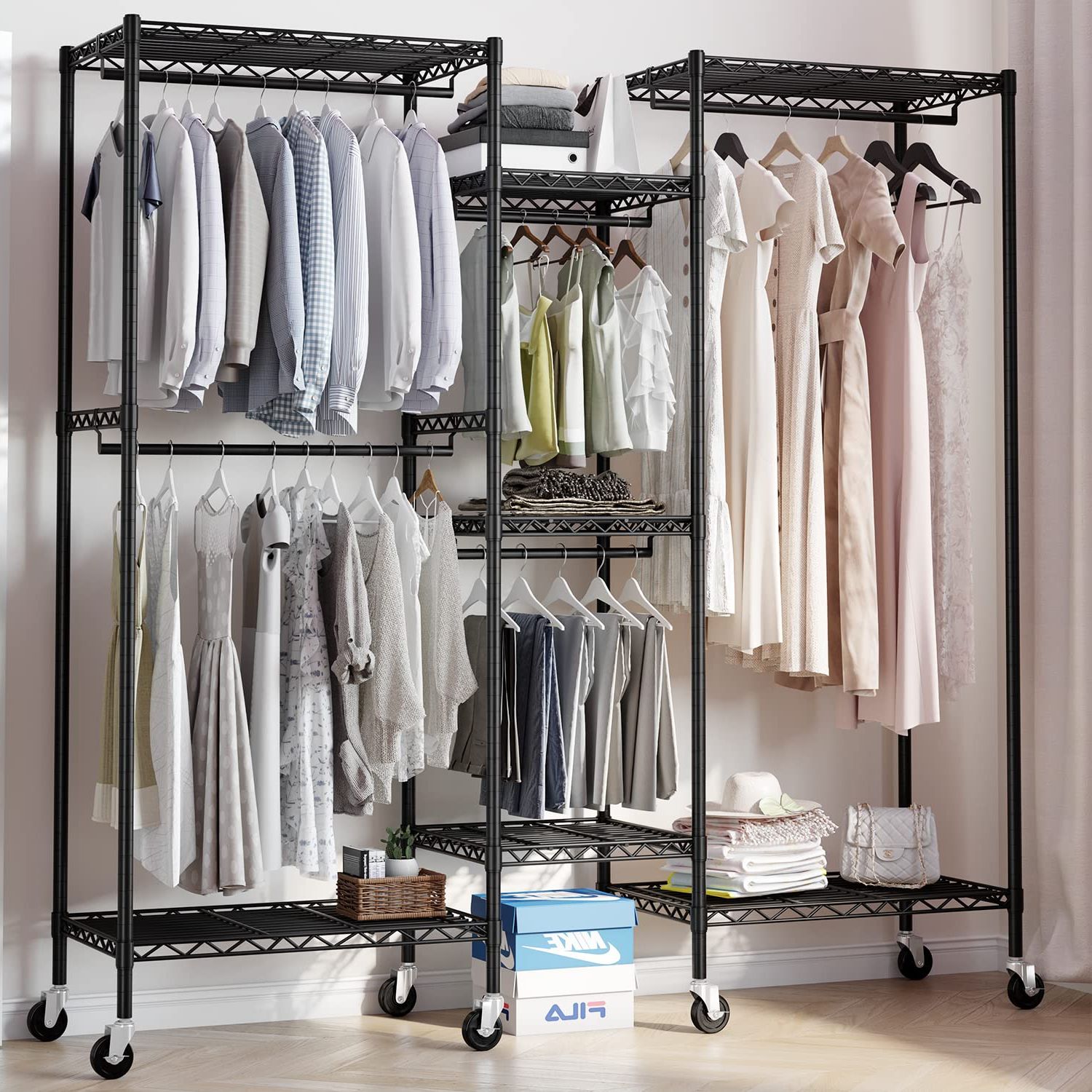 Amazon: Hokeeper Heavy Duty Rolling Wire Garment Rack With Rubber  Wheels, Metal Clothing Rack For Hanging Clothes Freestanding Closet  Organizer Portable Clothes Rack Wardrobe With 7 Shelves & 5 Hanging Rods : In Well Known Wire Garment Rack Wardrobes (Photo 1 of 10)