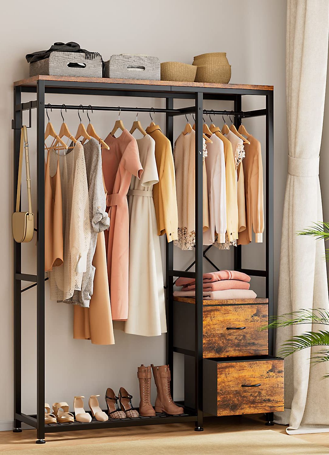 Amazon: Lulive Clothes Rack, Heavy Duty Garment Rack For Hanging Clothes,  Industrial Clothing Racks With Shelves, 2 Fabric Drawers, 4 Hooks, 2  Hanging Rods, Freestanding Closet Organizer, Rustic Brown : Home & Kitchen In Fashionable Wardrobes With Cover Clothes Rack (Photo 8 of 10)