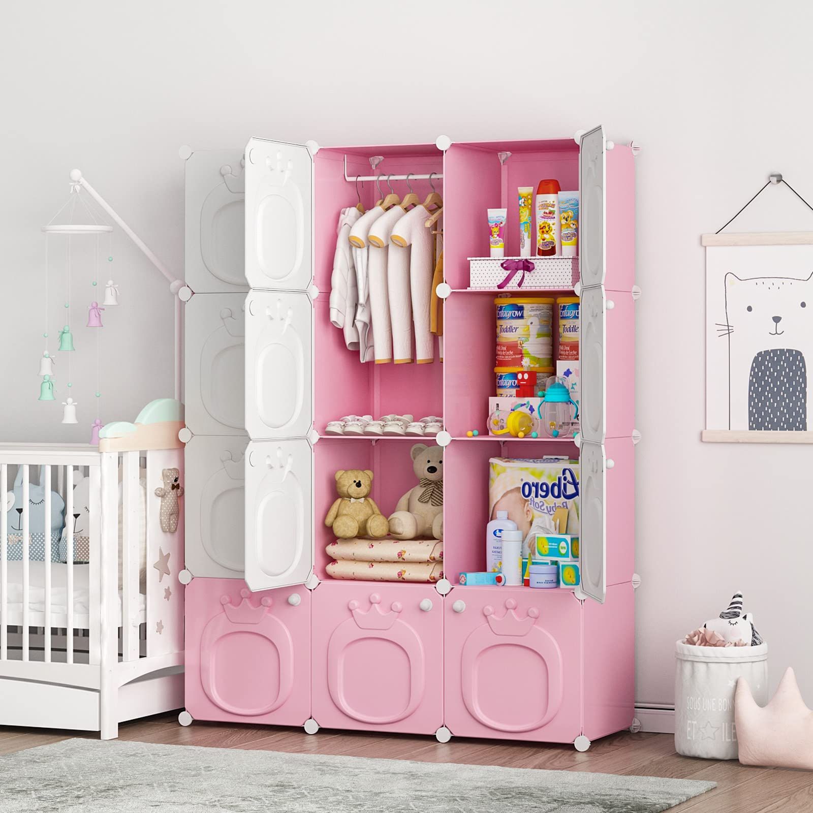 Amazon: Maginels Kids Closet Baby Wardrobe Dresser For Kids Bedroom  Nursery Armoire Clothes Hanging Closet With Doors, Pink, 12 Cubes : Home &  Kitchen Within Current Nursery Wardrobes (Photo 1 of 10)