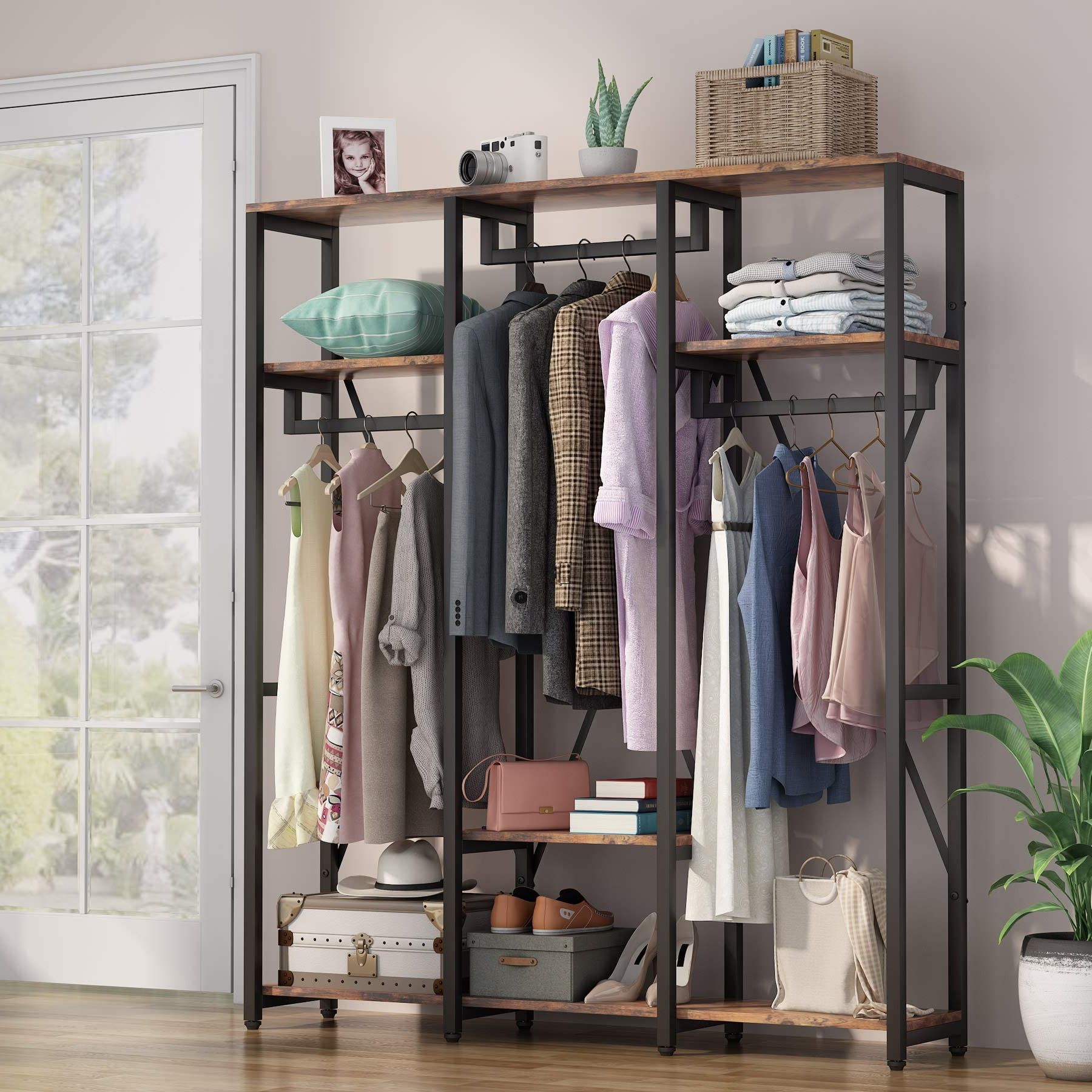 Amazon: Tribesigns Freestanding Closet Organizer, Industrial 3 Rod  Garment Rack With 4 Tier Storage Shelf, Rustic Wardrobe Rack Clothes Rack  For Hanging Clothes And Storage (brown) : Home & Kitchen Within Famous Wardrobes With Garment Rod (View 6 of 10)