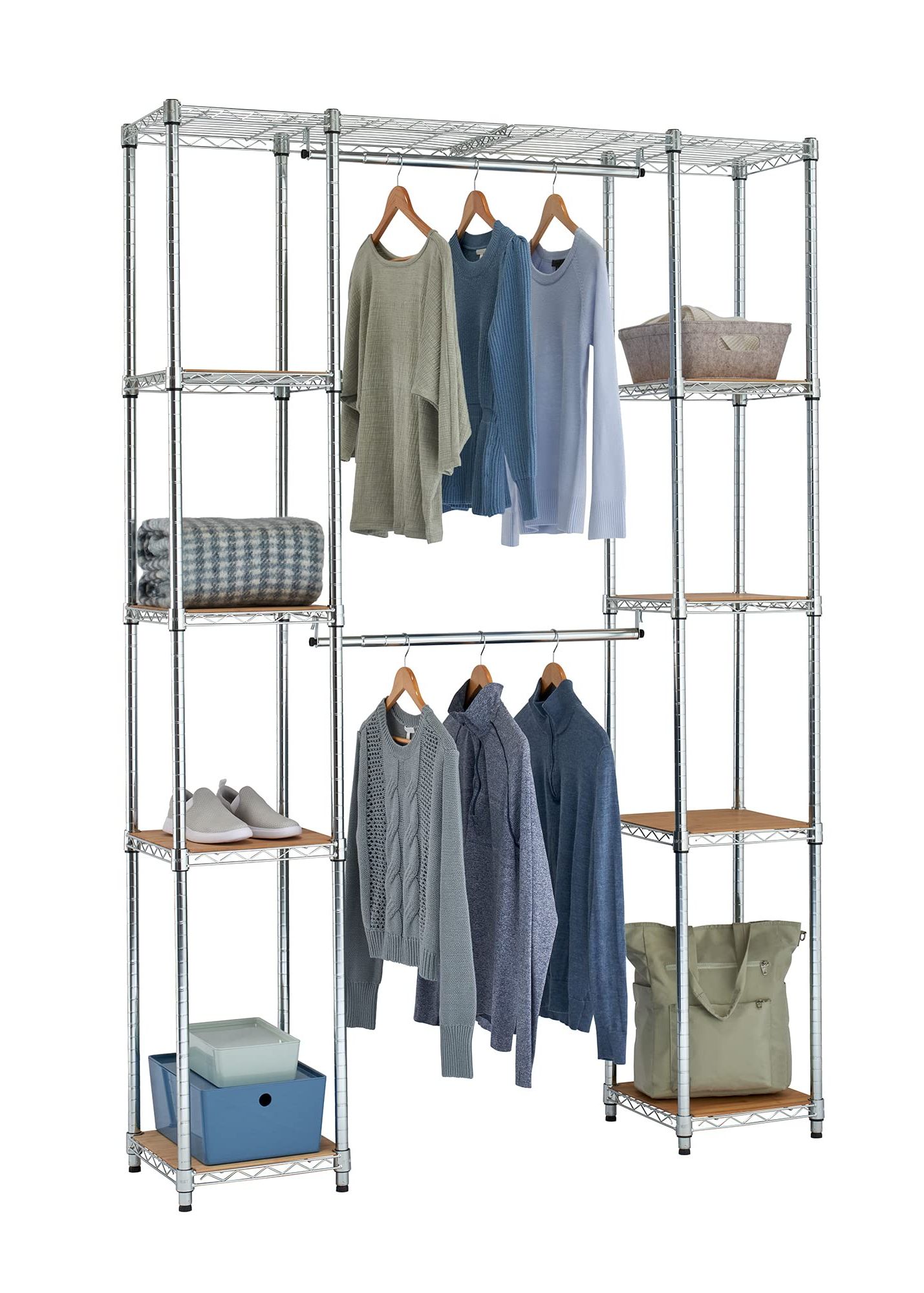 Amazon: Trinity Ecostorage Expandable Garment Rack With Bamboo Shelves  For Clothing Storage, Closet Organization For Home, Apartment, Dorm Room  And More, Chrome, 56 76” W X 14” D X 84” H : Everything Else Inside Trendy Chrome Garment Wardrobes (Photo 3 of 10)
