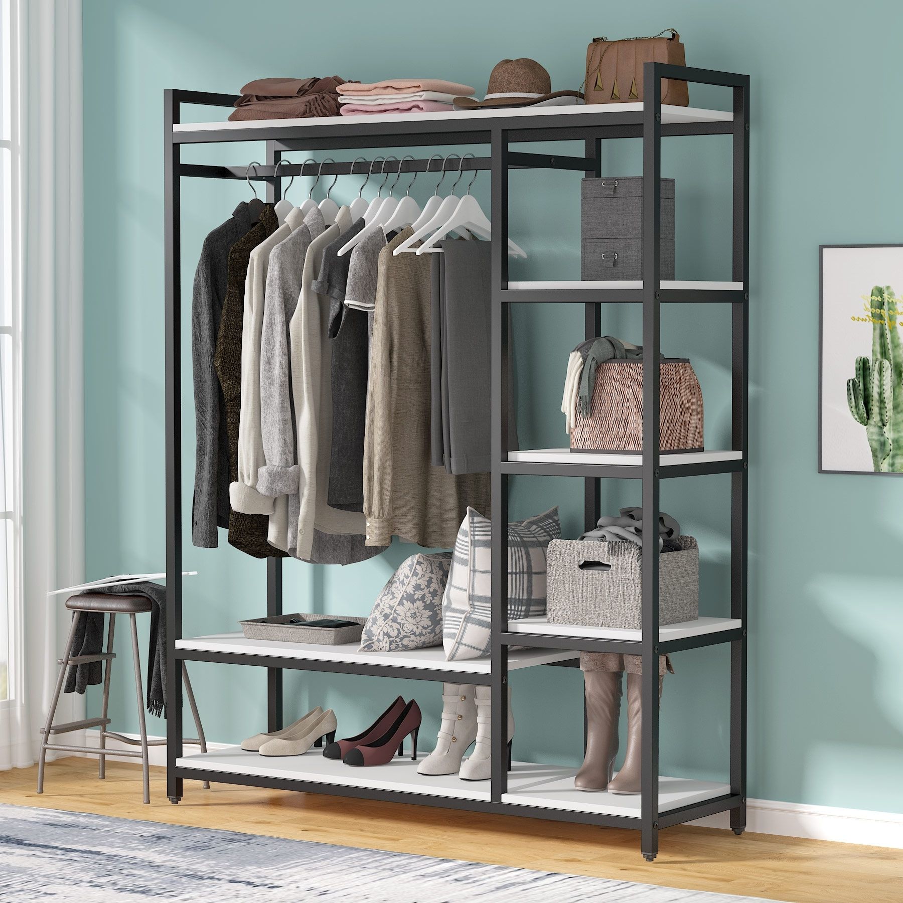 Best And Newest 6 Shelf Wardrobes With Tribesigns Free Standing Closet Organizer With 6 Storage Shelves And  Hanging Bar, Large Standing Clothes Garment Rack – On Sale – Bed Bath &  Beyond –  (View 9 of 10)