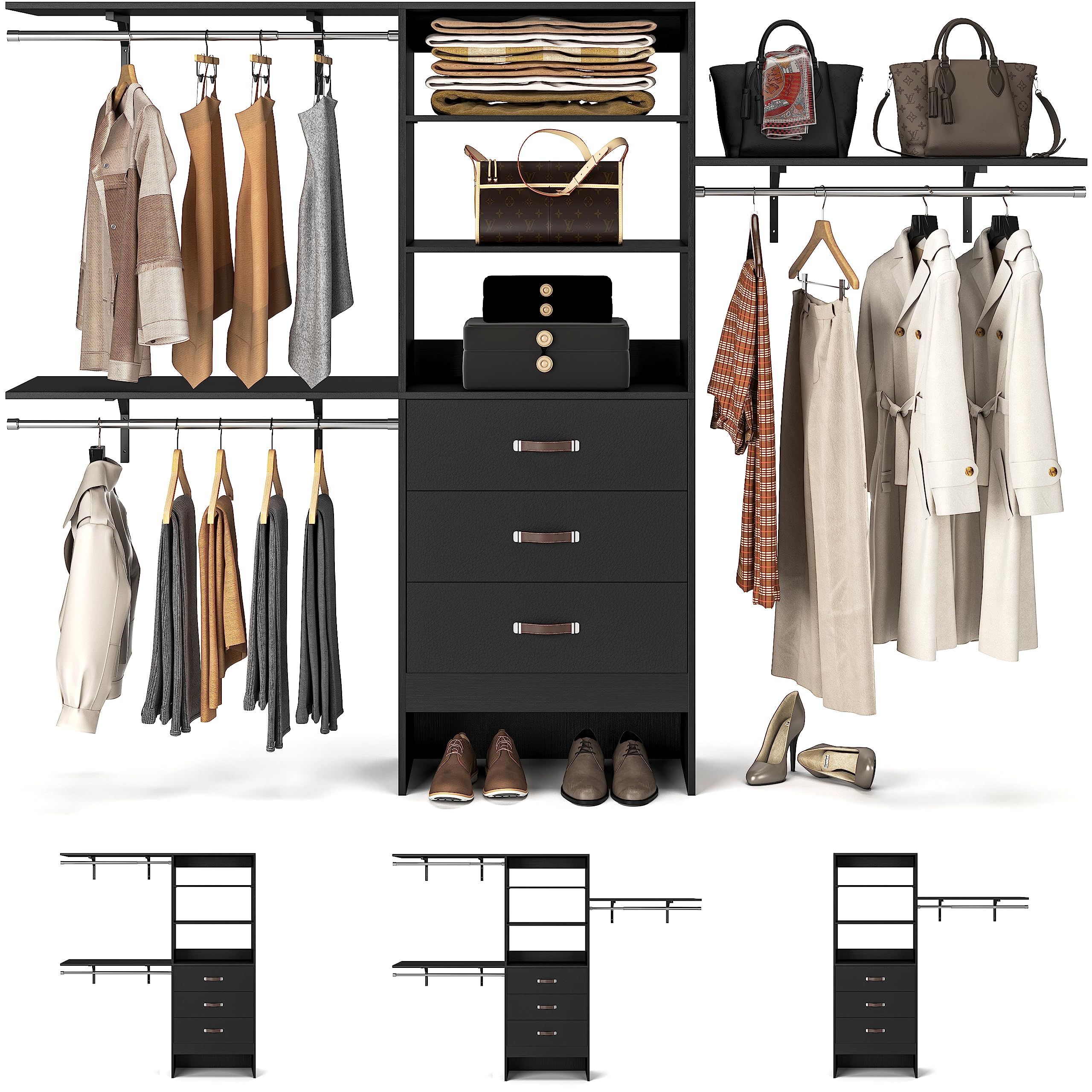 Best And Newest 96 Inches Wardrobes In Amazon: Armocity 96 Inches Closet System, 8ft Walk In Closet Organizer  With 3 Shelving Towers, Heavy Duty Clothes Rack With 3 Drawers, Built In  Garment Rack, 96" L X 16" W X 75" (Photo 3 of 10)