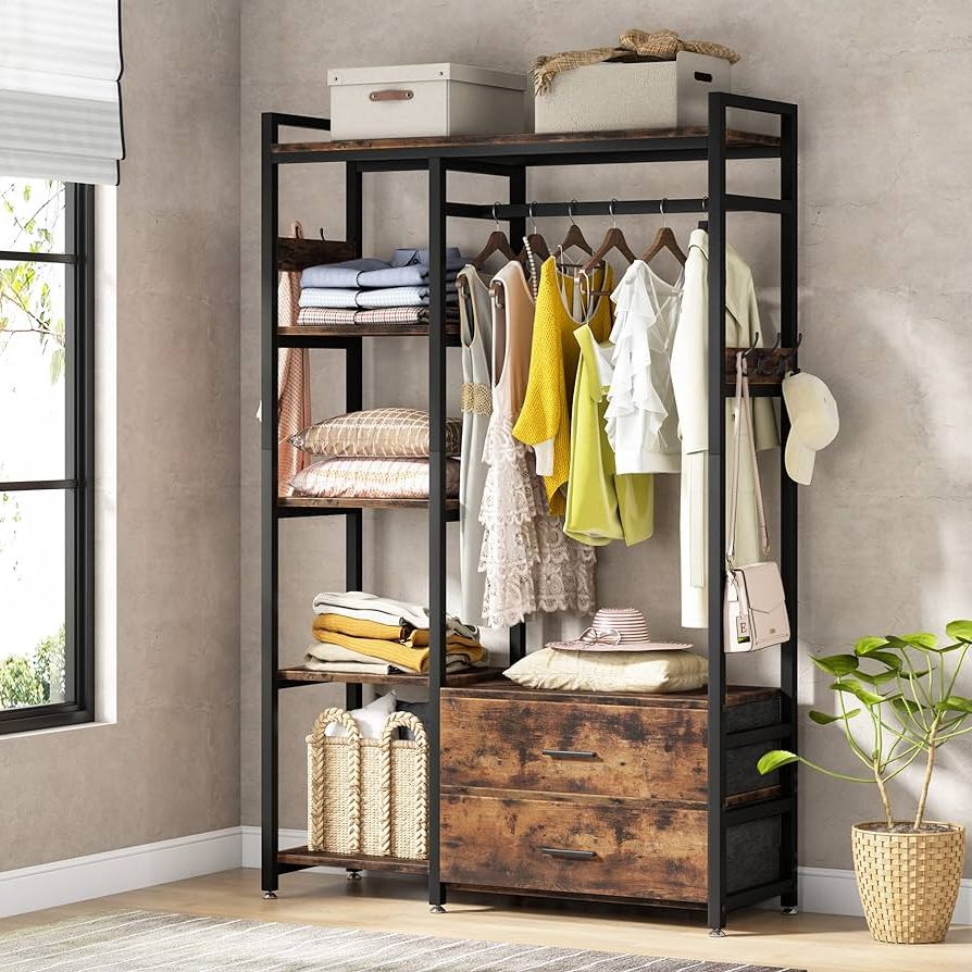 Best And Newest Standing Closet Clothes Storage Wardrobes Regarding Amazon: Tribesigns Freestanding Closet Organizer, Clothes Rack With  Drawers And Shelves, Heavy Duty Garment Rack Hanging Clothing Wardrobe  Storage Closet For Bedroom, Rustic Brown : Home & Kitchen (Photo 4 of 10)