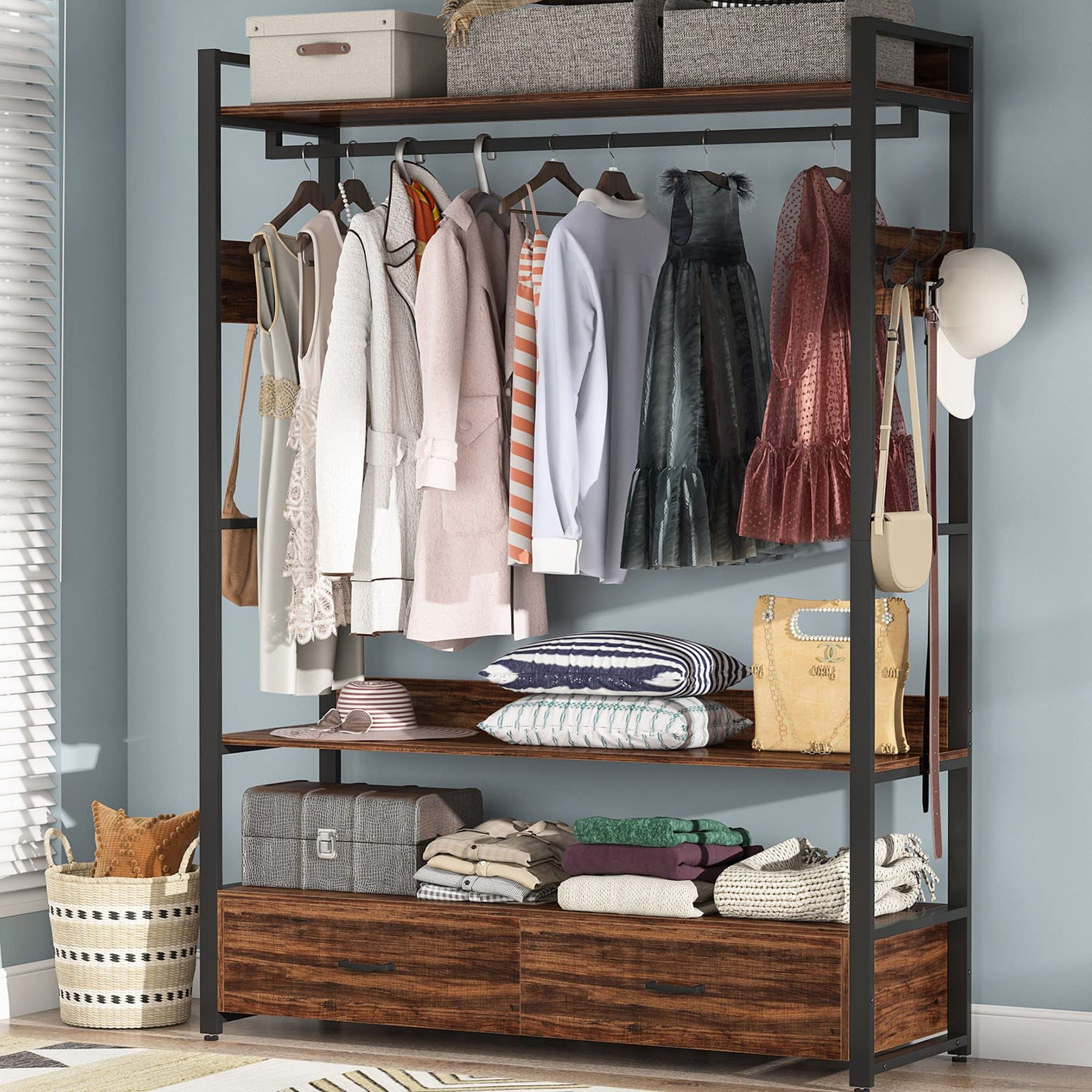 Clothes Rack Wardrobes Intended For Famous Amazon: Tribesigns Freestanding Clothes Rack Shelves, Closet Organizer  With Shelves Drawers And Hooks, Heavy Duty Garment Clothing Wardrobe  Storage Shelving With Hanging Rod, Rustic : Home & Kitchen (View 3 of 10)