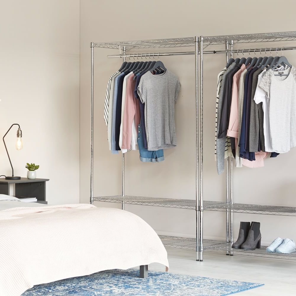 Current Chrome Garment Wardrobes Throughout Chrome Clothes Rack With Wheels – 900mm Wide, 3 Shelves & 1 Hanging Rail (Photo 2 of 10)