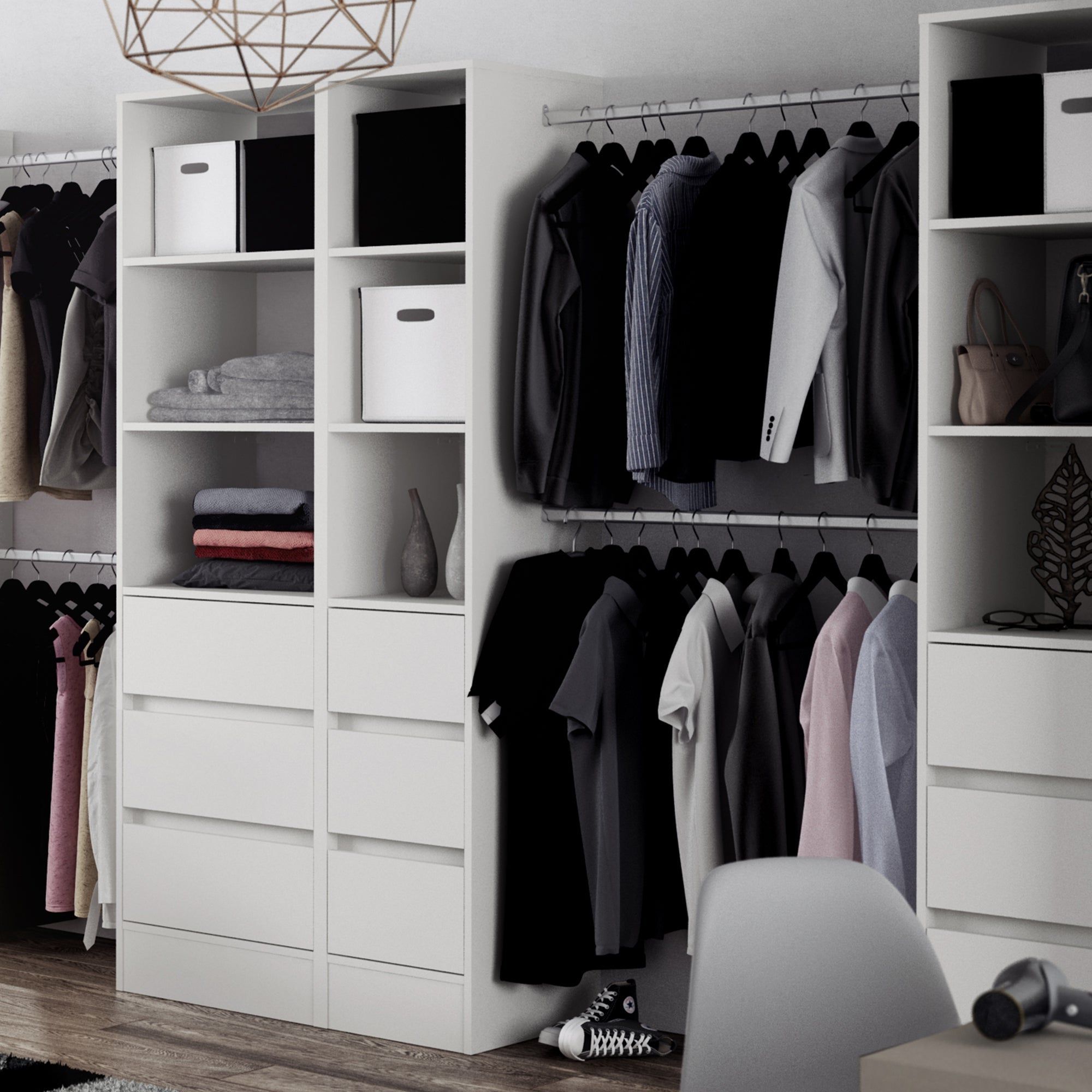 Current White Deluxe 3 Drawer Wardrobe Tower Shelving Unit With Hanging Bars –  Interiors Plus Throughout Wardrobes With 3 Shelving Towers (Photo 1 of 10)